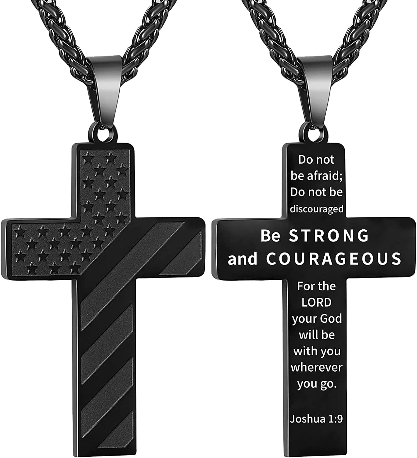 Black Cross Necklace for Men Boyfriend Son Husband Father Bible Verse Joshua 1:9 Stainless Steel USA American Flag Pendant Chain for Men Religious Jewelry Gift for Men Boyfriend