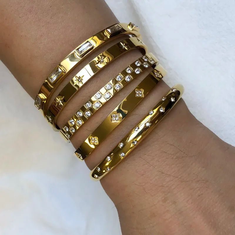 Waterproof Luxury Colorful Cubic Zirconia Bangles Stainless Steel Open Bracelet Bangle 18K Plated Fashion Jewelry Women