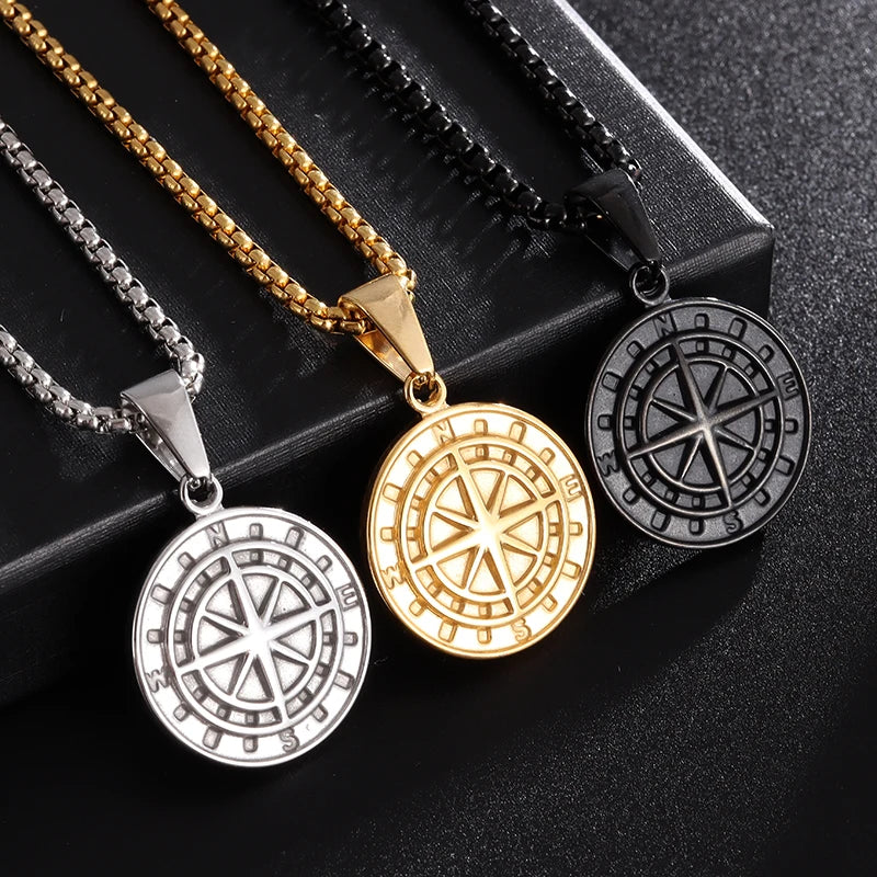 Vintage Compass Medal Pendant Stainless Steel Necklace Mens High Quality round Hip Hop Trend Jewelry Gifts Wholesale