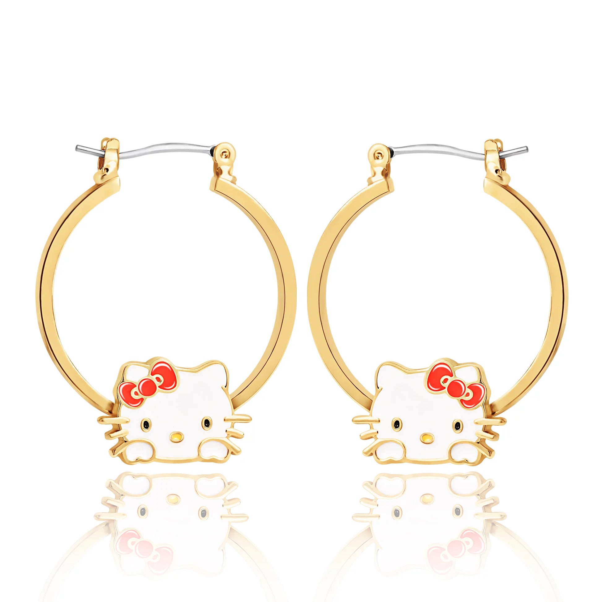 Hello Kitty Womens Hoop Earrings- Plated Gold and Enamel Hello Kitty Earrings- Hello Kitty Jewelry